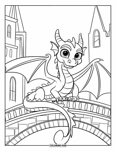 Dibujo de dragones para colorear para niños: Un dragón se posa en un puente arqueado con diseños ornamentales, contemplando una ciudad
