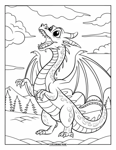 Dibujo de dragones para colorear para niños: Un dragón se levanta sobre sus patas traseras y ruge con fuerza hacia el cielo