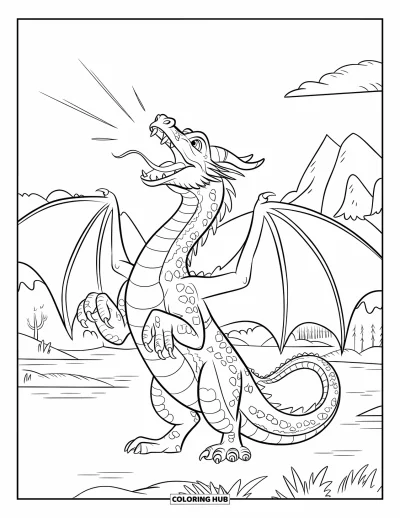 Dibujo de dragones para colorear para niños: Un dragón se alza sobre sus patas traseras, abre sus alas y ruge sobre un paisaje montañoso tranquilo