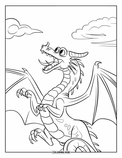 Dibujo de dragones para colorear para niños: Un dragón ruge hacia el cielo, erguido con ojos feroces y dientes afilados