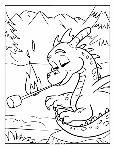 Dibujo de dragones para colorear para niños: Un dragón se sienta sobre una roca y sopla una llamita para tostar un malvavisco en un palo