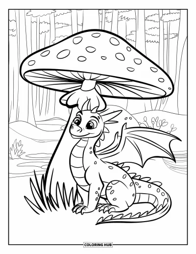 Dibujo de dragones para colorear para niños: Un dragón se sienta bajo una seta gigante, acurrucado en un bosque mágico