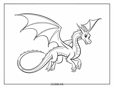 Dibujo de dragones para colorear para niños: Un dragón atraviesa el cielo, con su cola fluyendo detrás en un movimiento elegante