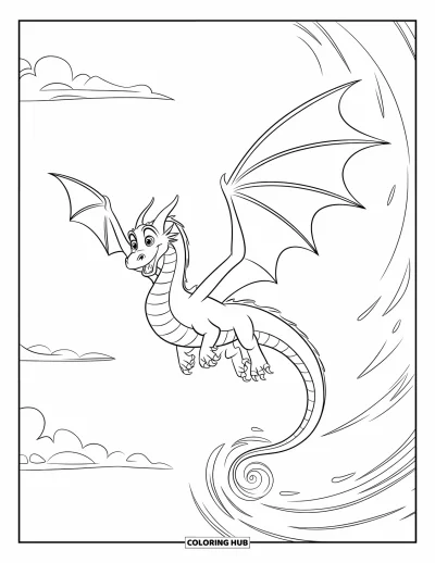 Dibujo de dragones para colorear para niños: Un dragón surca el cielo, dejando detrás una estela mágica en espiral