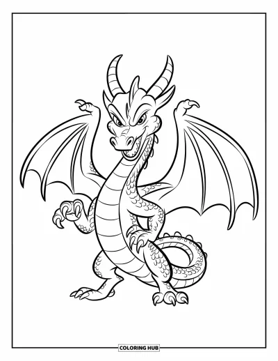 Dibujo de dragones para colorear para niños: Un dragón abre sus alas de par en par y levanta una garra en una postura audaz y poderosa