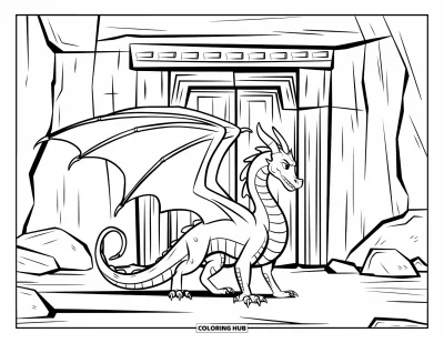 Dibujo de dragones para colorear para niños: Un dragón está frente a una puerta gigantesca cubierta de tallados intrincados, con la cola curvada detrás