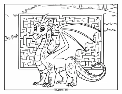Dibujo de dragones para colorear para niños: Un dragón está frente a un laberinto sinuoso, con su larga cola enroscada alrededor del cuerpo escamoso
