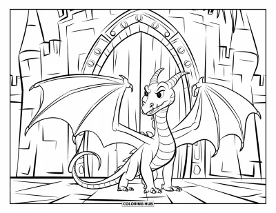 Dibujo de dragones para colorear para niños: Un dragón está frente a una puerta antigua, con la cola curvada como si esperara algo