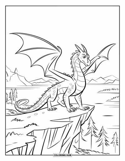 Dibujo de dragones para colorear para niños: Un dragón está sobre un acantilado con las alas abiertas, contemplando montañas y un paisaje inmenso