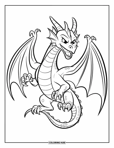 Dibujo de dragones para colorear para niños: Un dragón se alza con mirada penetrante, con una garra levantada, listo para la acción