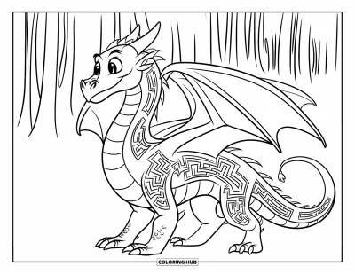 Dibujo de dragones para colorear para niños: Un dragón mira con curiosidad un laberinto intrincado, con el cuerpo marcado por caminos serpenteantes