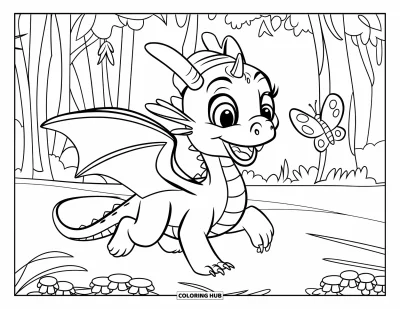Dibujo de dragones para colorear para niños: Un dragón con sombrerito sigue feliz a una mariposa por el bosque