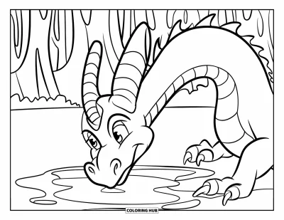 Dibujo de dragones para colorear para niños: Un dragón con cuerno curvado mira su reflejo en un charco, rodeado de árboles