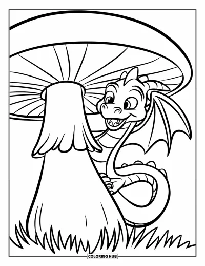 Dibujo de dragones para colorear para niños: Un dragón de cola curvada asoma detrás de un hongo gigante en un campo de hierba