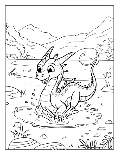 Dibujo de dragones para colorear para niños: Un dragón de cola rizada juega feliz en un charco, rodeado de rocas y plantas