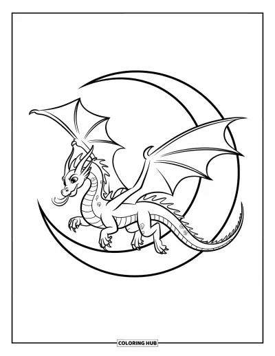 Dibujo de dragones para colorear para niños: Un dragón de cola fluida atraviesa una luna creciente en un cielo abierto