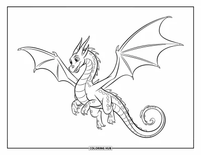 Dibujo de dragones para colorear para niños: Un dragón de cuerpo escamoso y alas anchas vuela por el cielo abierto