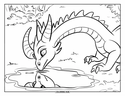 Dibujo de dragones para colorear para niños: Un dragón con cuerno en espiral mira su reflejo en un charco, perdido en sus pensamientos