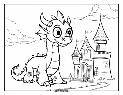 Dibujo de dragones para colorear para niños: Un dragón de ojos grandes y corona está junto a un castillo con puente levadizo