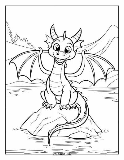 Dibujo de dragones para colorear para niños: Un dragón de ojos brillantes y gran sonrisa abre sus alas sobre una roca en un lago