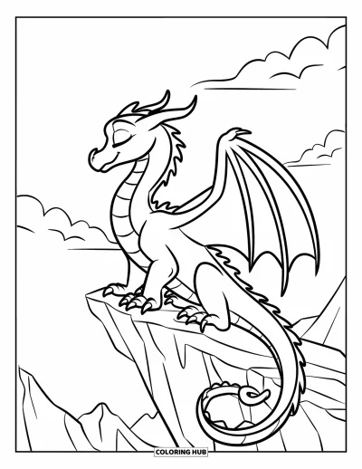 Dibujo de dragones para colorear para niños: Un dragón de ojos cerrados está sobre una cornisa irregular, rodeado de montañas con neblina