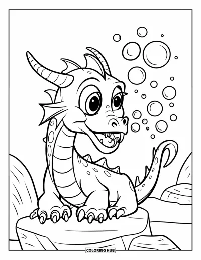 Dibujo de dragones para colorear para niños: Un dragón con cuernos curvados y dientes afilados está sobre una roca, soplando burbujas al aire
