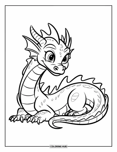 Dibujo de dragones para colorear para niños: Un dragón de ojos expresivos enrosca su cuerpo, con las alas plegadas hacia atrás en actitud vigilante