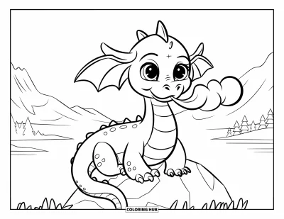 Dibujo de dragones para colorear para niños: Un dragón de orejas caídas se sienta en una roca y sopla suavemente una bocanada de humo