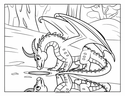 Dibujo de dragones para colorear para niños: Un dragón de escamas verdes y cuerno en espiral observa su reflejo en un charco del bosque
