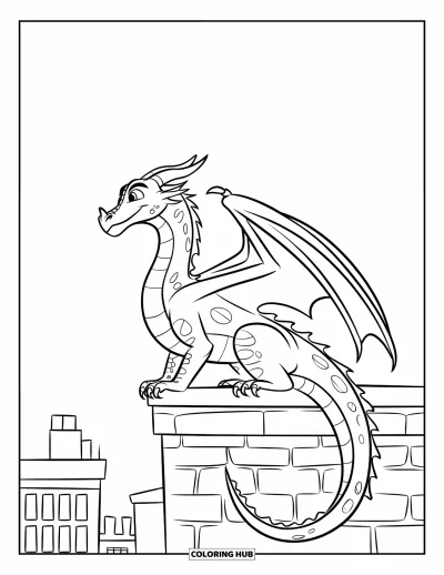 Dibujo de dragones para colorear para niños: Un dragón de grandes alas y larga cola se sienta en un tejado de tejas mirando hacia arriba