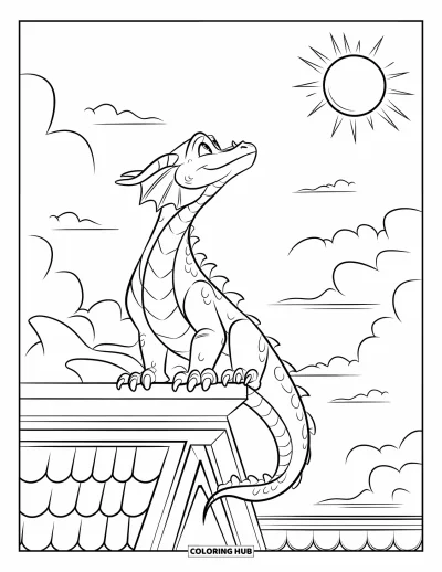 Dibujo de dragones para colorear para niños: Un dragón de garras afiladas y cola larga se posa en un tejado bajo el sol brillante