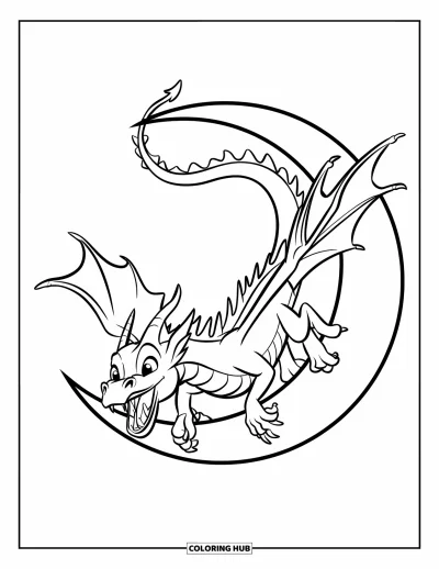 Dibujo de dragones para colorear para niños: Un dragón de dientes afilados vuela a través de una luna creciente, con su larga cola curvada detrás