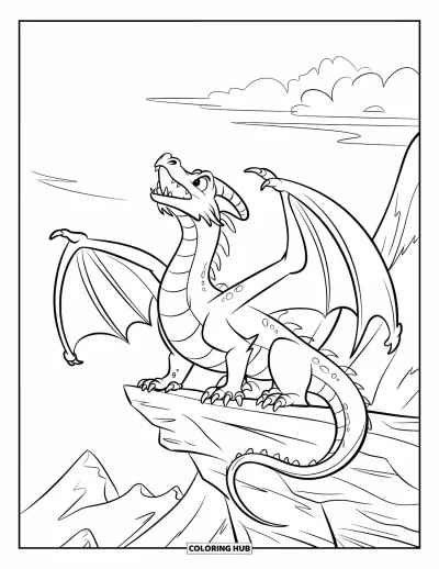 Dibujo de dragones para colorear para niños: Un dragón de dientes afilados ruge desde un pico rocoso bajo un cielo nublado