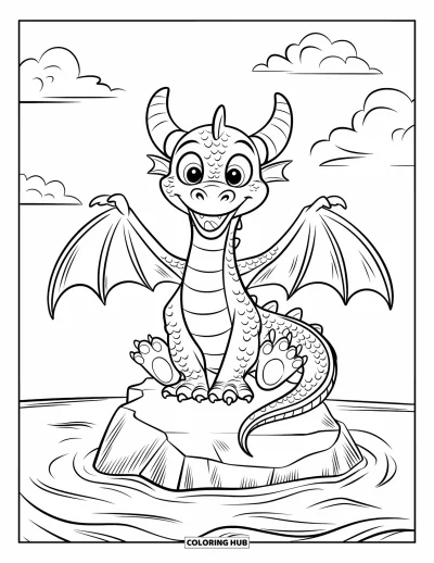 Dibujo de dragones para colorear para niños: Un dragón de escamas texturizadas se sienta en una roca con las alas abiertas, rodeado de agua ondulante