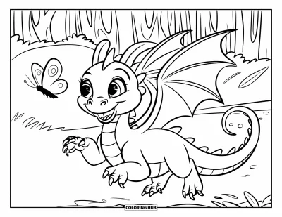Dibujo de dragones para colorear para niños: Un dragón de alitas y cola larga persigue emocionado a una mariposa revoloteando