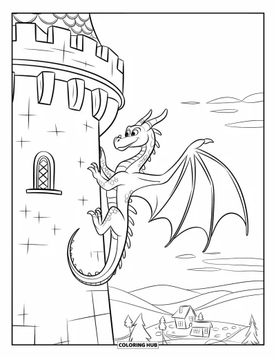 Dibujo de dragones para colorear para niños: Un dragón de alas anchas y garras afiladas se aferra a una torre redonda de piedra sobre un pueblo