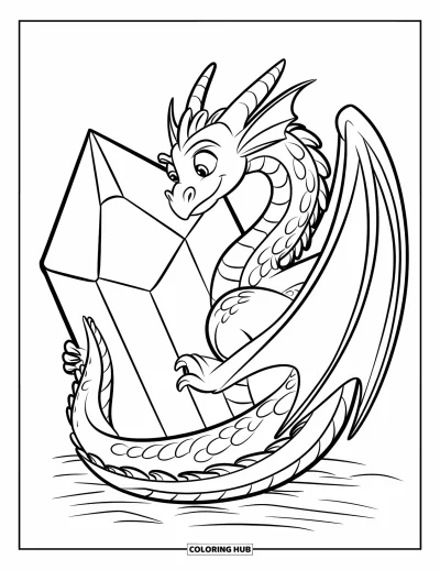 Dibujo de dragones para colorear para niños: Un dragón se enrosca alrededor de un gran cristal y lo observa con curiosidad