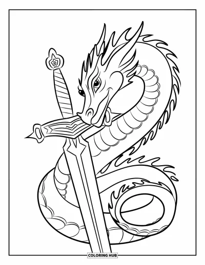 Dibujo de dragones para colorear para niños: Un dragón envuelve con su larga cola una espada intrincada, con la mirada llena de determinación