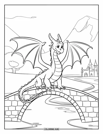 Dibujo de dragones para colorear para niños: Las enormes alas de un dragón se extienden sobre un puente de piedra, con la cola curvada por el borde