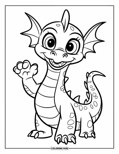 Dibujo de dragones para colorear para niños: Un dragón amistoso de ojos grandes se mantiene erguido y saluda con una pequeña garra y sonrisa alegre