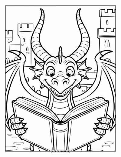 Dibujo de dragones para colorear para niños: Un dragón sonriente sostiene un libro abierto, sentado frente a un gran castillo