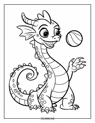 Dibujo de dragones para colorear para niños: Un dragón feliz de cola larga equilibra una pelota en el hocico con expresión juguetona