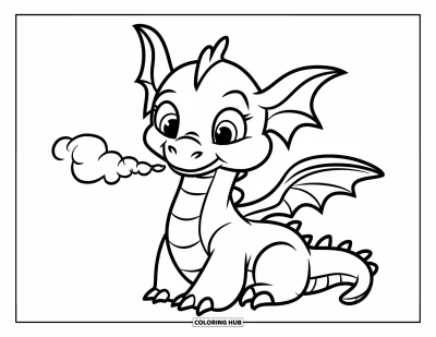 Dibujo de dragones para colorear para niños: Un dragón feliz de orejas caídas se sienta y sopla una pequeña nubecita de humo