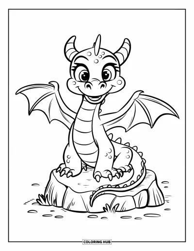 Dibujo de dragones para colorear para niños: Un dragón feliz de ojos redondos y escamas pequeñas estira sus alas mientras está sentado en una roca