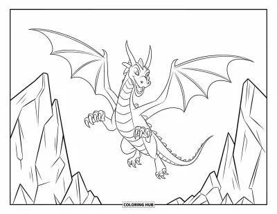Dibujo de dragones para colorear para niños: Un dragón de cuerpo largo, alas grandes y dientes afilados salta entre rocas altas y escarpadas