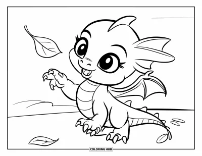 Dibujo de dragones para colorear para niños: Un bebé dragón juguetón de dientes afilados intenta atrapar una hoja que flota