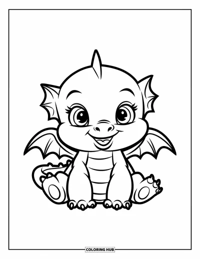 Dibujo de dragones para colorear para niños: Un bebé dragón juguetón con alitas se sienta con una expresión alegre