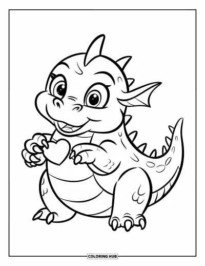 Dibujo de dragones para colorear para niños: Un dragón juguetón de sonrisa feliz sostiene un corazón cerca del pecho