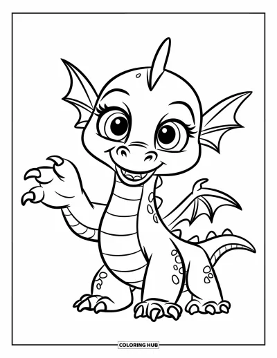 Dibujo de dragones para colorear para niños: Un dragón juguetón de ojos grandes saluda con una pequeña garra, feliz sobre un fondo blanco