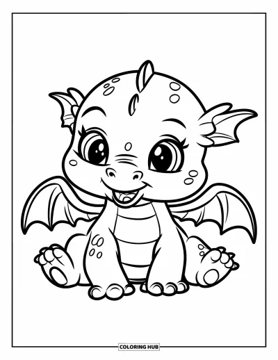Dibujo de dragones para colorear para niños: Un bebé dragón redondito con alitas está sentado en el suelo, adorable y juguetón